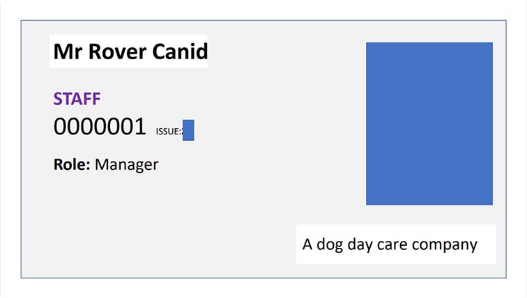 Image of an ID card with de-identified data on it:  Mr {name changed}, Staff, {number changed}, Issue {redacted}, Role - {generalised}, {generalised}.